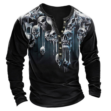 Men's Vintage Dark Skull Chic Halloween Print Henley Long Sleeve T-shirt