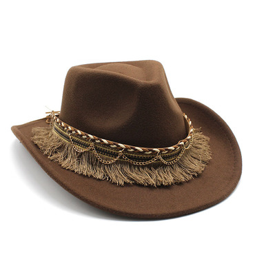 Unisex Fall Vintage Western Chic Cowboy Woolen Tassel Sun Protection Wide Brim Hat