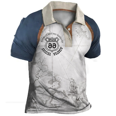 Men's Vintage Route 66 Chic Map Polo Collar T-shirt