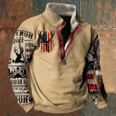 Vintage Men's Outdoor American Chic Deer Print Stand Collar Sweatshirt
