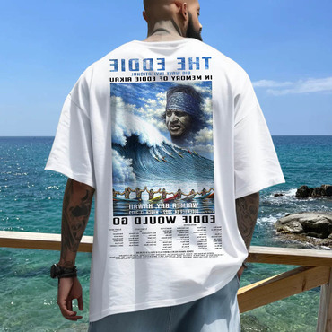 Men's Eddie Aikau Big Chic Wave Surf Poster Beach Loose Short Sleeve Oversized T-shirt