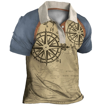 Plus Size Men's Vintage Chic World Map Compass Colorblock Polo T-shirt