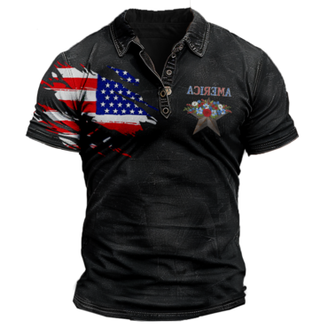 Men's Vintage American Flag Chic Star Print Daily Short Sleeve Polo Neck T-shirt