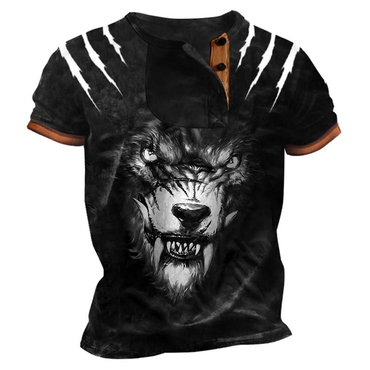 Men's Dark Fierce Wolf Chic Claw Print Short Sleeve Color Block Henley T-shirt