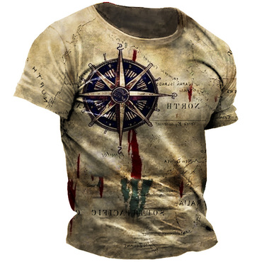 Men's Vintage Nautical Map Chic Compass Print T-shirt