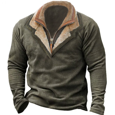 Men Vintage Fleece Henley Chic Zip Polo Sweatshirt Double Layer Lapel Fur Leather Collar Tactical Pullover