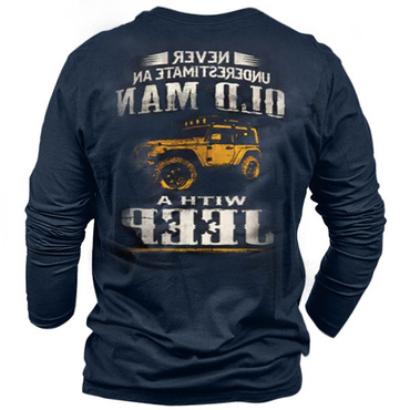 Old Man's Jeep Men's Chic Vintage Print Cotton Long Sleeve Tee