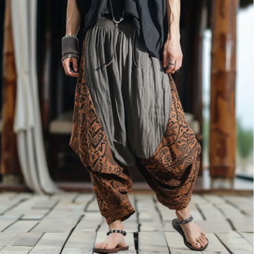 Men's Vacation Patchwork National Chic Style Print Loose Linen Harem Pants