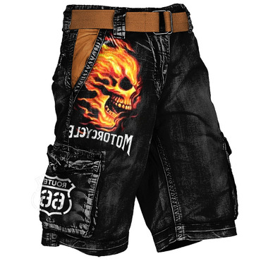 Men's Cargo Shorts Route Chic 66 Motorcycle Skull Print Vintage Distressed Utility Outdoor Shorts