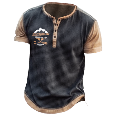Men's Yellowstone Printed Henry Chic Short Everyday Patchwork Sleeve Color Corduroy T-shirt