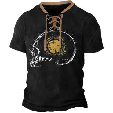 Men's Vintage Print Lament Chic Skull Lace Up Henley T Shirt