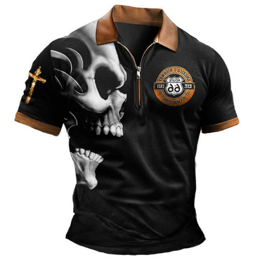 Men's Vintage Route 66 Chic Skull Cross Color Block Short Sleeve Zipper Polo T-shirt