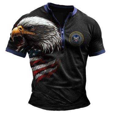 Men's Vintage America National Chic Flag Emblem Color Block Zipper Henley Collar T-shirt
