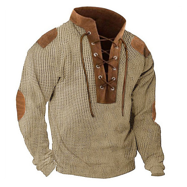 Men's Sweatshirt Waffle Lace-up Chic Stand Collar Vintage Colorblock Outdoor Daily Tops Khaki