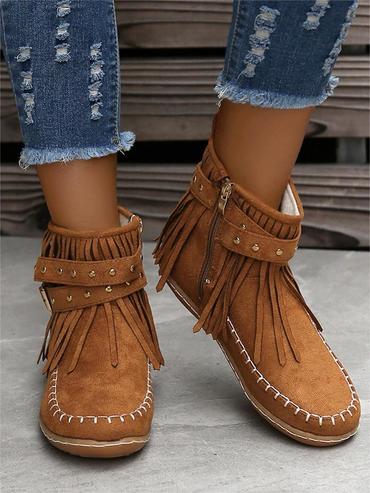 Women's Casual Tassel Boots Chic Flat Buckle Martin Boots Retro Knight Boots