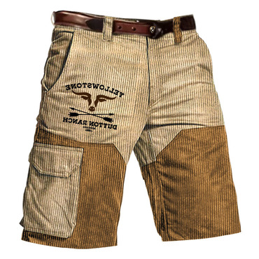 Men's Corduroy Vintage Yellowstone Print Chic Outdoor Contrast Color Block Multi Pocket Cargo Shorts