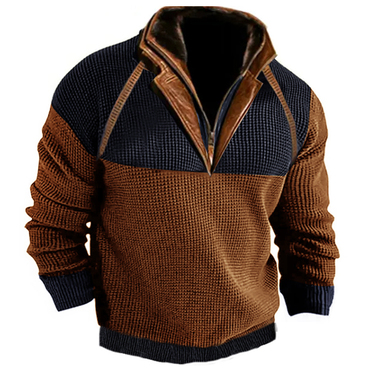 Men's Outdoor Casual Zip Chic Polo Sweater Sweatshirt Double Layer Stand Collar Long Sleeve Vintage Contrast Tactical Thic