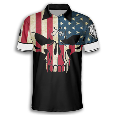 Men's Fish On Skull Chic American Flag Custom Fishing Print Polo Shirts