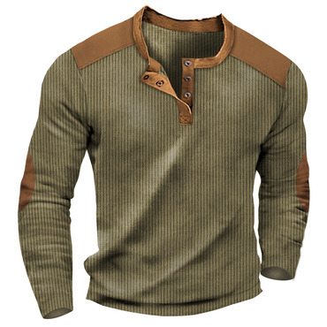 Men's Henley T-shirt Vintage Chic Corduroy Elbow Patch Outdoor Long Sleeve Tops