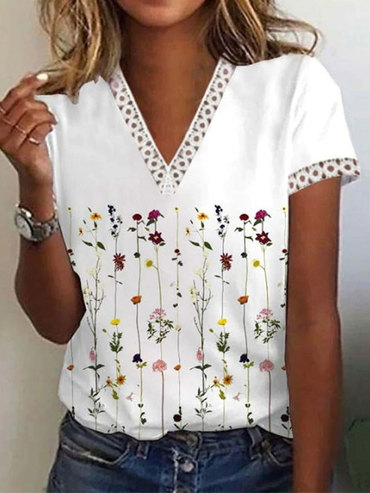 V-neck Cutout Loose Casual Chic Floral Print Short Sleeve T-shirt