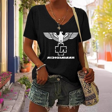 Women's Rammstein Rock Band Print Chic Short Sleeve V-neck Casual T-shirt