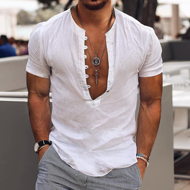 Men's Linen Simple Design Chic V-neck Short Sleeve Shirt