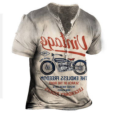 Vintage Motorcycle Racing Men's Print Chic Henley Short Sleeve T-shirt