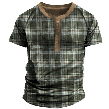 Men's Vintage Check Henley Chic Tactical Casual T-shirt