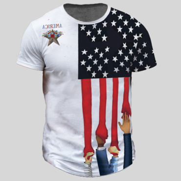Men's Vintage American Flag Chic Flowers Print Short Sleeve Crew Neck T-shirt
