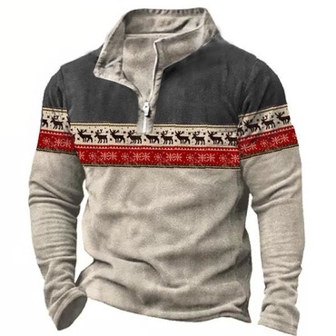 Men's Christmas Print Zip Chic Color Contrast Winter Sweatshirt