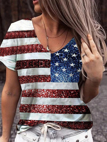 American Flag Print Women's Chic V-neck T-shirt