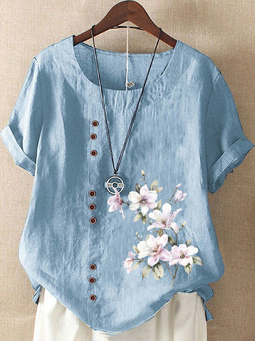Round Neck Casual Loose Chic Floral Print Short Sleeve Blouse