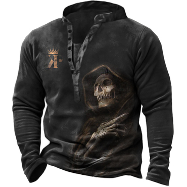 King Men's Crown Skull Chic Reaper Print Long Sleeve Henry Henley Collar Sweatshirt