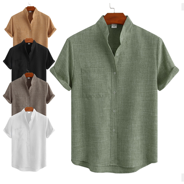 Men's Linen Shirt Henley Chic Shirt Front Pocket Casual Shirt Black Short Sleeve Plain Hawaiian Holiday Clothing