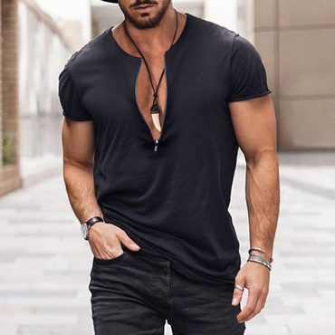 Men's V-neck Zipper Solid Chic Color Breathable T-shirt Casual Retro Outdoor Motorcycle Top