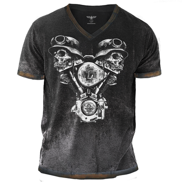 Men's Vintage Rammstein Rock Chic Rebel Skull Print Short Sleeve V Neck T-shirt