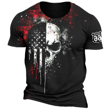 Men's American Flag Skull Chic Route 66 Rock Punk Road Trip Print T-shirt