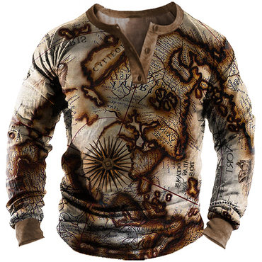 Men's Outdoor Vintage Map Print Chic Henley Long Sleeve T-shirt