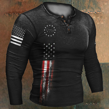 Men's 1776 Independence Day Chic American Flag Print Henley Collar Long Sleeve T-shirt