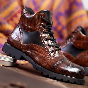 Men's Vintage Faux Crocodile Chic Leather Mid-top Martin Boots