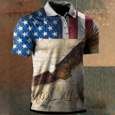 Men's Outdoor American Flag Chic Eagle Print Polo Neck T-shirt