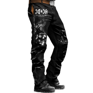 Men's Acdc Rock Band Chic Dark Skull Tactical Pants Outdoor Vintage Washed Cotton Washed Multi-pocket Trousers