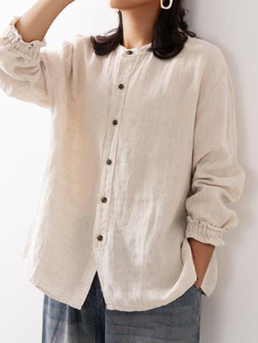 Women's Vintage Cotton And Chic Linen Button-down Crew Neck Shirt