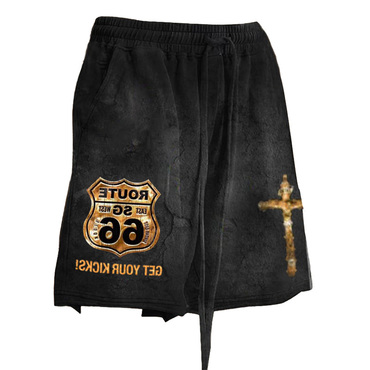 Men's Vintage Route 66 Chic Cross Print Drawstring Distressed Casual Shorts
