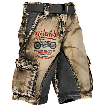 Men's Plus Size Vintage Chic Motorcycle Racing Distressed Wash Print Multi-pocket Tactical Shorts