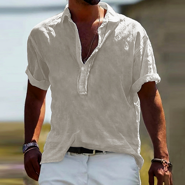 Men's Casual Solid Color Chic Cotton Linen Half Open Collar Shirt