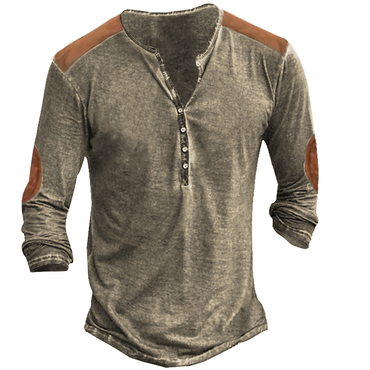 Men's Retro Stitching Color Chic Contrast Henley Long Sleeve T-shirt
