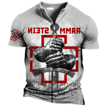 Rammstein Men's Rock Hip Chic Hop Punk Skull Print Zip Neck T-shirt