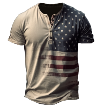 Men's Vintage American Flag Chic The Old Glory Print Daily Short Sleeve Henley Neck T-shirt