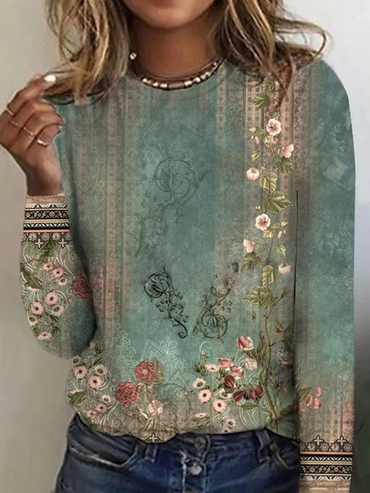 Casual Vintage Floral Print Chic Round Neck Long Sleeve T-shirt